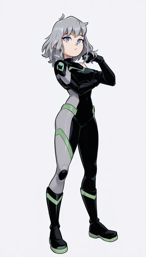 create a female Superheroine character. She has gray blue eyes, her clothes are black Hero Tight Bodysuit with green details, she wears boots (black with green details) that reach the thigh. She wears black gloves that reach only the hand, Not on the finge...