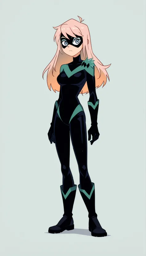 create a female Superheroine character. She has gray blue eyes, her clothes are black Hero Tight Bodysuit with green details, she wears boots (black with green details) that reach the thigh. She wears black gloves that reach only the hand, Not on the finge...