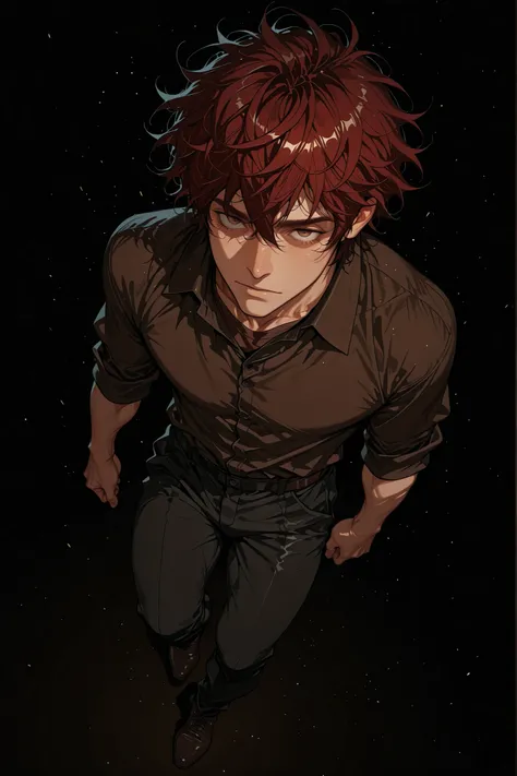 1 male,  young man，handsome face, red hair(messy hair, short hair), brown Eyes  , black pants, dark brown shirt, Black Background, full body, fit body, dark theme, dynamic composition, masterpiece, best quality, dynamic angle, high quality, amazing quality...