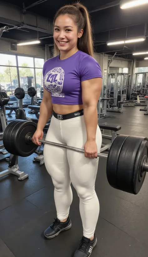 A muscular woman is performing barbell deadlifts in a modern gym. She wears form-fitting white yoga pants and a bold stylish t shirt top, her tight, defined abs visible as she lowers the bar with control. Her muscles—especially glutes, hamstrings, and lats...