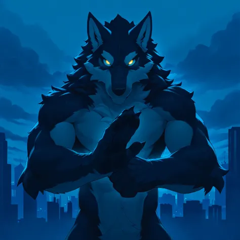 alone, mammal, anthropo, male, canid, canine, canis, wolf, werewolf, canine man, mythological canine, city, werewolf, canid man, (looking at viewer), fur, claws, digital medium (artwork), glowing eyes, 5 fingers, muscular, muscular man, silhouette, cloud, ...