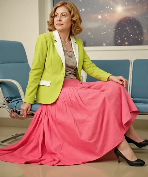In this emotive photography, in the heart of a luxurious, vintage-inspired interstellar office, a demure, shy, mature therapist with breathtakingly large breasts and aroused nipples exudes an irresistible allure. She smiles, showing her desire for intimacy...