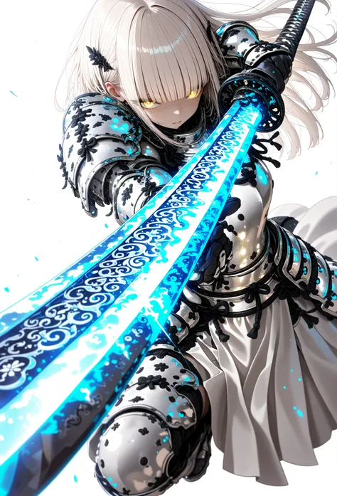 1girl, solo, blunt bangs, foreshortinging, holding sword, glowing sword, katana, white theme, armor, pauldron, engraved, simple background, white background