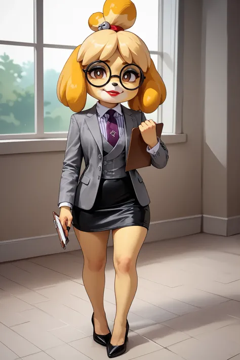 score_9, score_8_up, score_7_up, score_6_up, source_anime, three-piece suit, 1girl, thin-frame round glasses, formal, jewelry, suit, purple necktie, earrings, jacket, (((grey waistcoat))), shirt, window, (((grey jacket))), striped shirt with white collar, ...