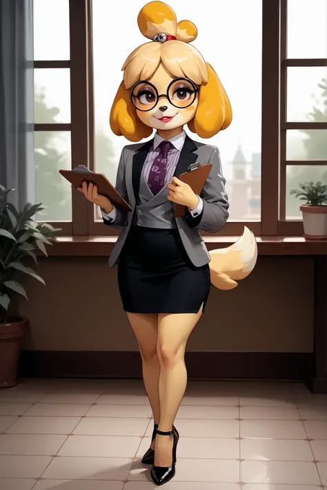 score_9, score_8_up, score_7_up, score_6_up, source_anime, three-piece suit, 1girl, thin-frame round glasses, formal, jewelry, suit, purple necktie, earrings, jacket, (((grey waistcoat))), shirt, window, (((grey jacket))), striped shirt with white collar, ...