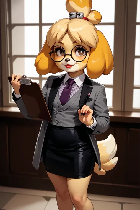 score_9, score_8_up, score_7_up, score_6_up, source_anime, three-piece suit, 1girl, thin-frame round glasses, formal, jewelry, suit, purple necktie, earrings, jacket, (((grey waistcoat))), shirt, window, (((grey jacket))), striped shirt with white collar, ...