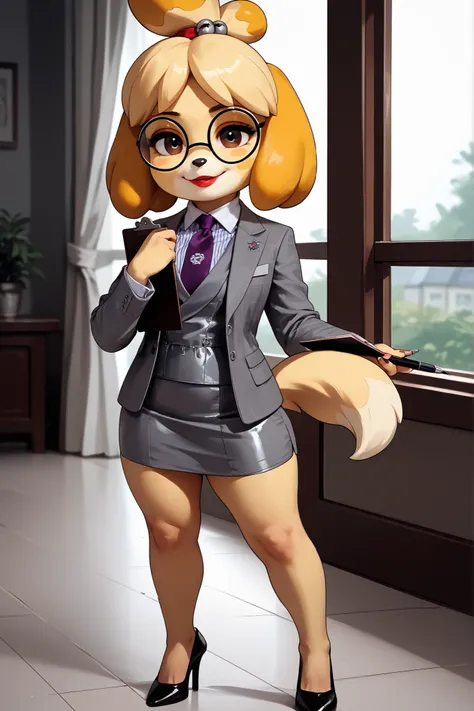 score_9, score_8_up, score_7_up, score_6_up, source_anime, three-piece suit, 1girl, thin-frame round glasses, formal, jewelry, suit, purple necktie, earrings, jacket, (((grey waistcoat))), shirt, window, (((grey jacket))), striped shirt with white collar, ...