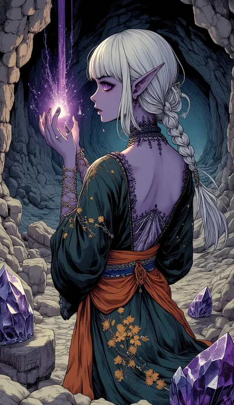 (A fusion of Ukiyo-e and dark fantasy. Aesthetic and gothic digital art. Illustrations are drawn from an oblique viewpoint looking up.) BREAK 
(White hair. Blunt bangs. White eyebrows. Long white eyelashes. Almond-shaped eyes. Lavender eyes. Dark, thick ey...