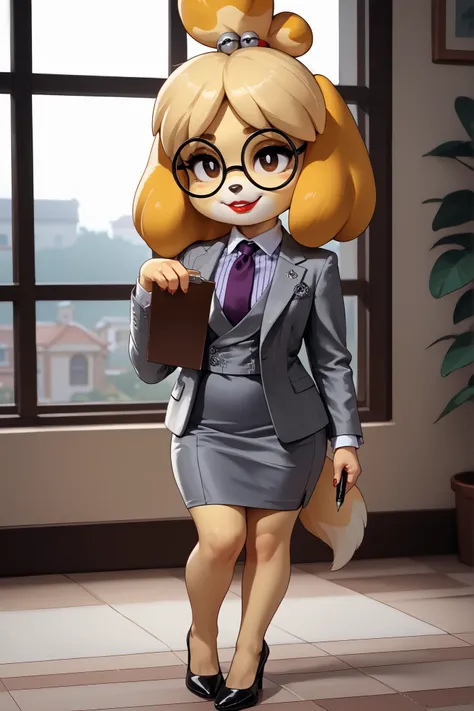 score_9, score_8_up, score_7_up, score_6_up, source_anime, three-piece suit, 1girl, thin-frame round glasses, formal, jewelry, suit, purple necktie, earrings, jacket, (((grey waistcoat))), shirt, window, (((grey jacket))), striped shirt with white collar, ...