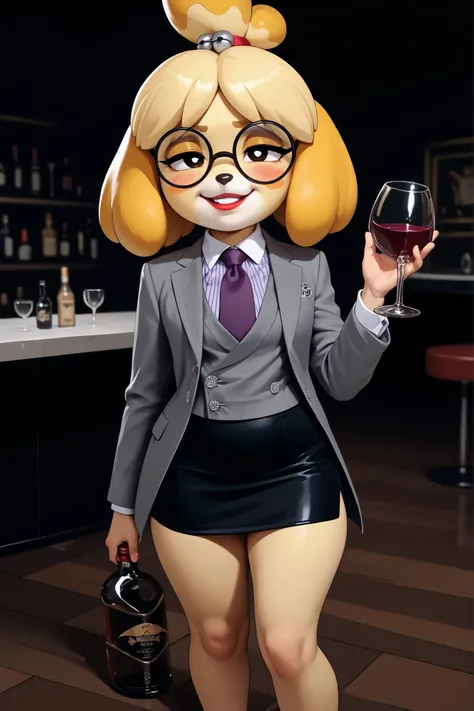 score_9, score_8_up, score_7_up, score_6_up, source_anime, three-piece suit, 1girl, thin-frame round glasses, formal, jewelry, suit, purple necktie, earrings, jacket, (((grey waistcoat))), shirt, (((grey jacket))), striped shirt with white collar, (black l...