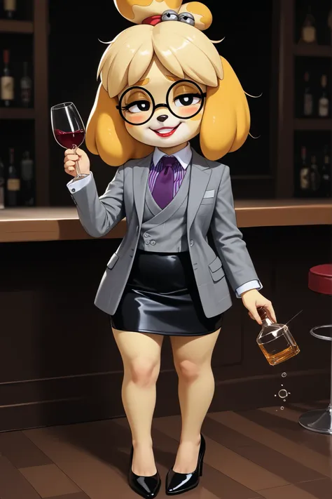 score_9, score_8_up, score_7_up, score_6_up, source_anime, three-piece suit, 1girl, thin-frame round glasses, formal, jewelry, suit, purple necktie, earrings, jacket, (((grey waistcoat))), shirt, (((grey jacket))), striped shirt with white collar, (black l...
