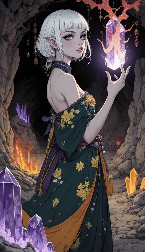 (A fusion of Ukiyo-e and dark fantasy. Aesthetic and gothic digital art. Illustrations are drawn from an oblique viewpoint looking up.) BREAK (White hair. Blunt bangs. White eyebrows. Long white eyelashes. Almond-shaped eyes. Lavender eyes. Dark, thick eye...
