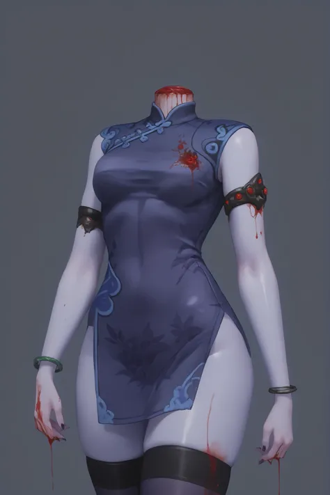 headless,(((headless))),h3ad,widowmaker (overwatch), widowblacklily, china dress, stockings, blue skin, blood, gore, decapitation, beheading, wound, shiny clothes, spasming,