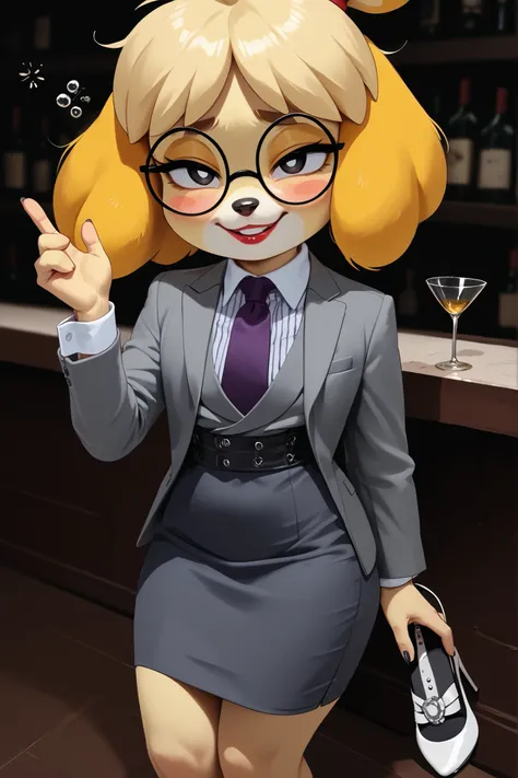 score_9, score_8_up, score_7_up, score_6_up, source_anime, three-piece suit, 1girl, thin-frame round glasses, formal, jewelry, suit, purple necktie, earrings, jacket, (((grey waistcoat))), shirt, (((grey jacket))), striped shirt with white collar, (black l...