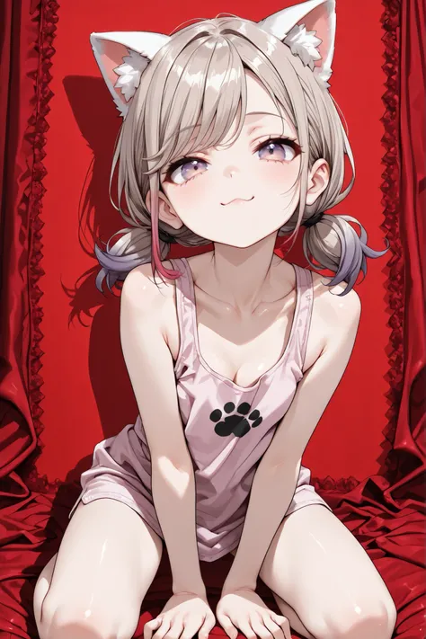 ((Masterpiece)), ((best quality, amazing quality)) ((very aesthetic, absurdres, newest, detailed background)), (drop shadow), ((1girl)), Cute young Girl, (Healthy Gaunt body, Textured skin, small breast, tilt head), Big eyes, (detailed eyes, pale purple ey...