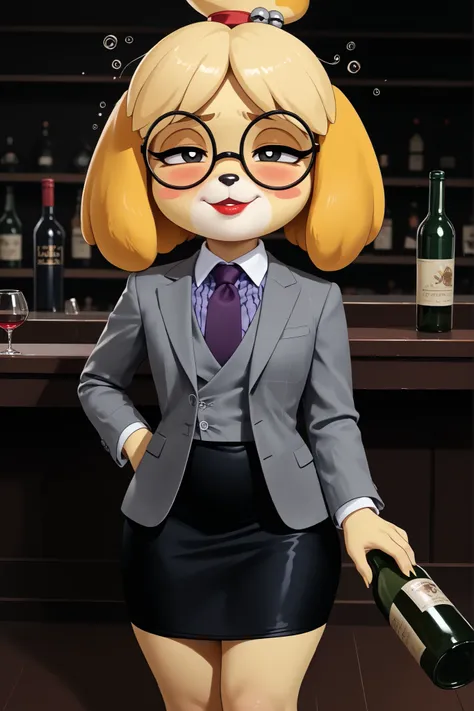 score_9, score_8_up, score_7_up, score_6_up, source_anime, three-piece suit, 1girl, thin-frame round glasses, formal, jewelry, suit, purple necktie, earrings, jacket, (((grey waistcoat))), shirt, (((grey jacket))), striped shirt with white collar, (black l...