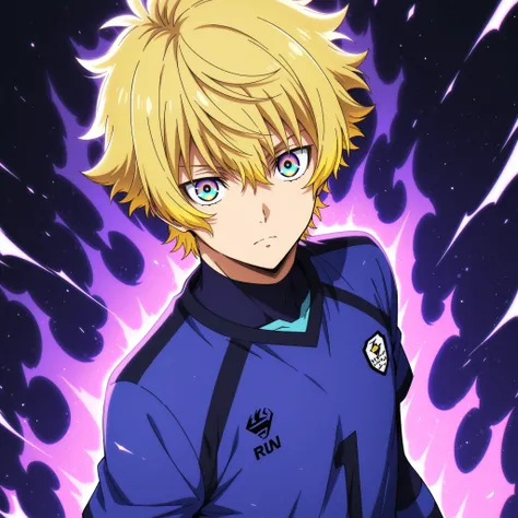blue_lock_style,anime boy, soccer uniform , blond hair ,Golden highlights, multicolored eyes , aura  Hollow Purple