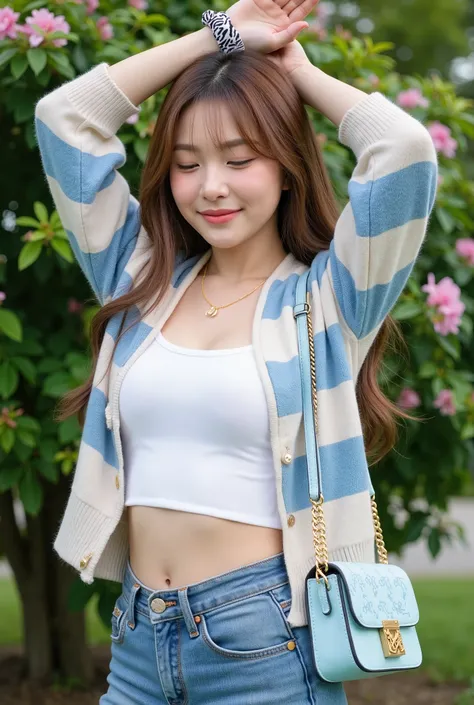 (((Masterpiece, ultra detailed, ultra quality, 8K, Photo-realistic))), A stylish young woman poses confidently outdoors in a park. She has long, wavy light brown hair with soft bangs, ((wearing a white crop tank top that shows off her slim waist)). Over it...