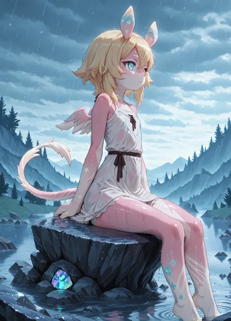 4k, masterpiece, solo, melusine, straight ears, thin tail, stubby tail, wings, pink skin, bright yellow hair, turquoise eyes with an iridescent pupil, wearing a white dress and white lace panties, looking at the sky, sitting on a big rock in the middle of ...