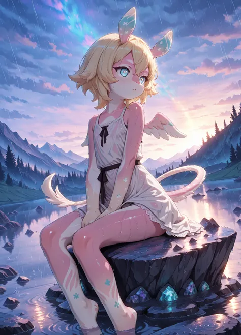 4k, masterpiece, solo, melusine, straight ears, thin tail, stubby tail, wings, pink skin, bright yellow hair, turquoise eyes with an iridescent pupil, wearing a white dress and white lace panties, looking at the sky, sitting on a big rock in the middle of ...