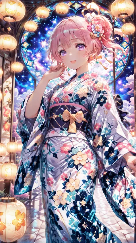 best quality, high detail, extremely intricate patterns, elegant young woman wearing a pastel-colored yukata inspired by stained glass, filled with detailed floral and geometric designs, glowing jewel-like textures, beautifully decorated obi, soft fabric t...