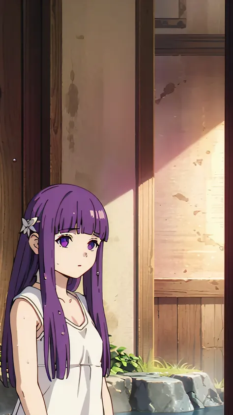 1girl, Fern, long hair, hair accessories, white camisole, Wet,  towel, Entrance, Hot Springs, upper body, Watch Viewers, ((masterpiece)), (Highly Detailed CG Unity 8k Wallpaper), best quality, Cinematic Writing, detailed background, beautiful detailed eyes...