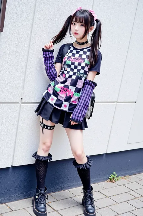 Japanese high school girls are showing off a vibrant and eclectic street fashion ensemble. her The hair is styled in long twin tails, pink hair ties complement her outfit. I'm wearing a checkerboard shirt with various graphics, contains splashes of green paint and letters, Please wear bright pink . The shirt is layered over a black skirt with mid-thigh pleats. purple and black striped sleeves cover the right arm、, creates a unique contrast with the shirt's checkerboard pattern.
What are her accessories Includes studded chokers and various safety pins to adorn clothes. the most beautiful woman in the world, lace details accentuate, Chunky black platform boots complete the edgy look. A black garter is wrapped around her left thigh, the punk aesthetic is further enhanced. The overall vibe is bold and rebellious, captures the essence of alternative fashion.　Urban skyscrapers and commercial facilities can be seen in the background