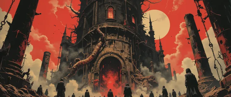 A view from below, a scene seen from the ground, A castle tower, Tower of Babel, Gothic style, Colossal tower, Demonic ancient tower, Tower of Hell, grotesque details in its structure, small windows, wide view, Red sky, Red sky, Dark fantasy, detailed, Awa...