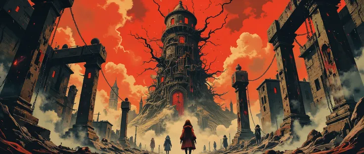 A view from below, a scene seen from the ground, A castle tower, Tower of Babel, Gothic style, Colossal tower, Demonic ancient tower, Tower of Hell, grotesque details in its structure, small windows, wide view, Red sky, Red sky, Dark fantasy, detailed, Awa...