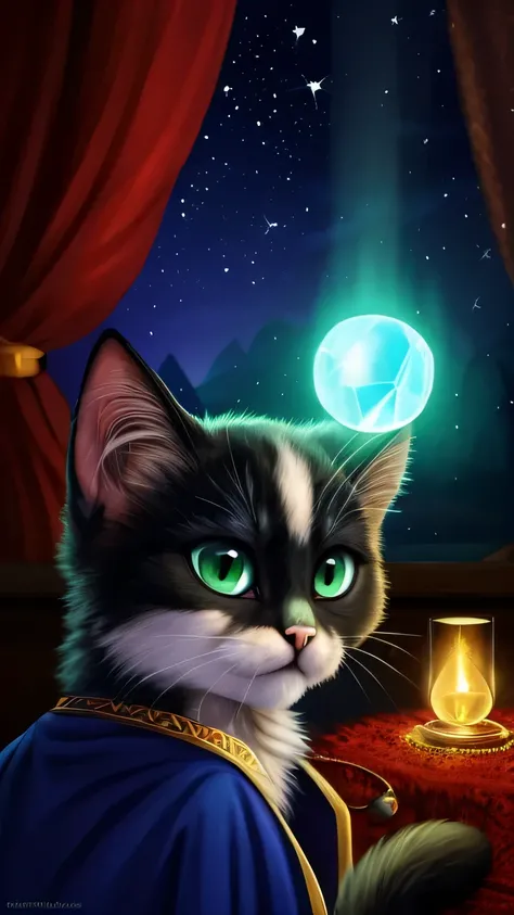 4K ultra-detailed close-up portrait of a solemn-looking black male kitten, with round, large emerald green eyes intently staring into a softly glowing crystal ball.
The kitten’s velvety jet-black fur shimmers subtly under invisible starlight, catching a fi...
