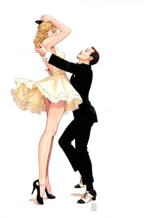 nsfw, Illustration of a man wearing an elegant Tango. He is performing a dynamic and passionate dance pose, leaning back, while embracing a large figure with a delicate feminine human silhouette Xenia Onatopp's (Famke Janssen's) (resembling a dancer in a d...