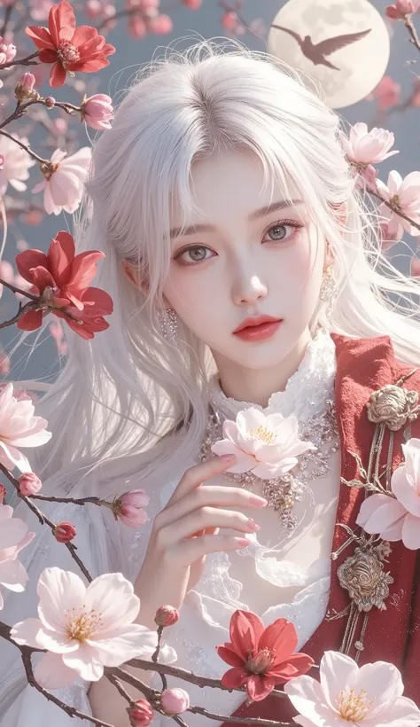 (8k, Top quality, Masterpiece),(reality, RAW Image, ultra-smooth transparent), reality Light, leather detail, beautiful woman, (( 25 years old women , Bard :1.5)), small arms , Fine grain , long white hair, fingers detail of others, thin , Sexuality...