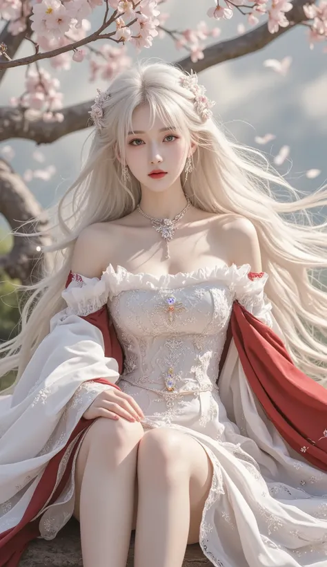 (8k, Top quality, Masterpiece),(reality, RAW Image, ultra-smooth transparent), reality Light, leather detail, beautiful woman, (( 25 years old women , Bard :1.5)), small arms , Fine grain , long white hair, fingers detail of others, thin , Sexuality...