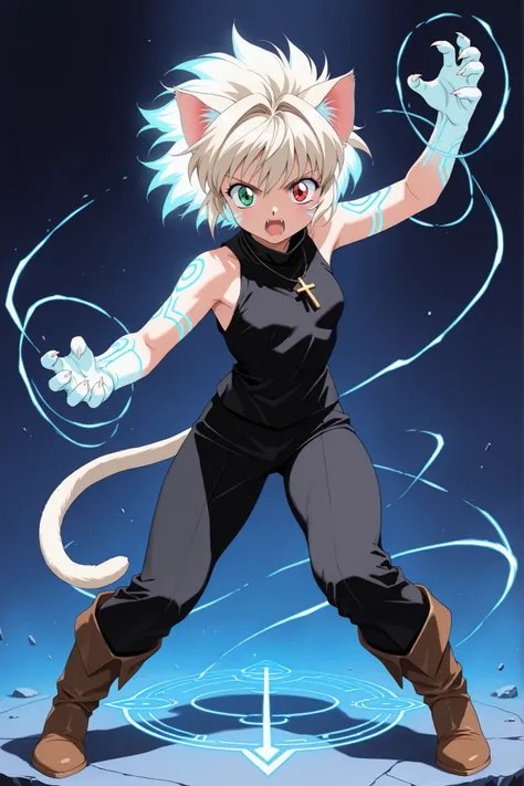 (masterpiece, detailed:1.2), 1girl, 1990s (style), animal ears, animal tail, arm markings, black pants, black shirt, blue markings, body markings, boots, brown boots, cat ears, cat girl, cat tail, claws, cross necklace, dim lighting, dynamic pose, facial m...