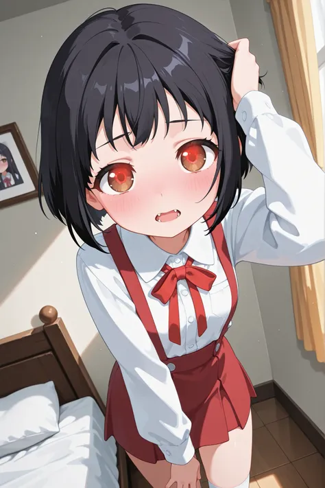 score_9, score_8_up, score_7_up, source_anime, Hasegawa Hanako, short hair, black hair, brown eyes, skirt, shirt, ribbon, uniform, white shirt, red ribbon, suspenders, small breasts, blushing, viewer's perspective, alone, cowboy shot, Dutch angle, indoors,...