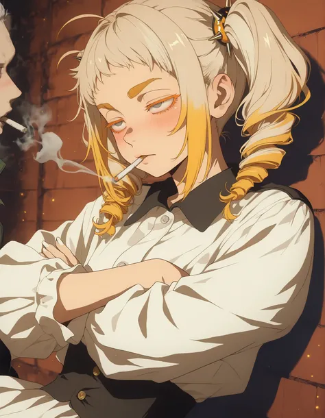 Masterpiece, best quality, very aesthetic,  1girl,solo, (white nails, thick eyebrows), beige skin tone, upper body, from side, slender body, blush, calm, closed mouth, looking side, (gray eyes, orange eyelashes, tareme eyes, constricted pupils, half closed...