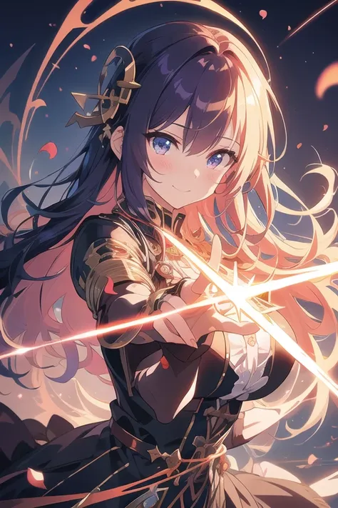 Masterpiece, Best Quality, highres, jacket, 32K, sharp focus,  Close-up of chunibyo anime girl, Heterochromatic eyes (one gold, one blue), purple curly hair, ta Gothic dress with ribbons and lace, smug faces , magic gesture, dynamic pose, magical energy is glowing and swirling around the hand,  Close-up, the starry night sky, ancient symbols and rising magic rings, ruins of Gothic castles, cherry petals, glowing beads, anime style, brilliant color, fantasy, background detail, impressive lighting, sharp lines, vivid darkness,  by artgerm and wlop 