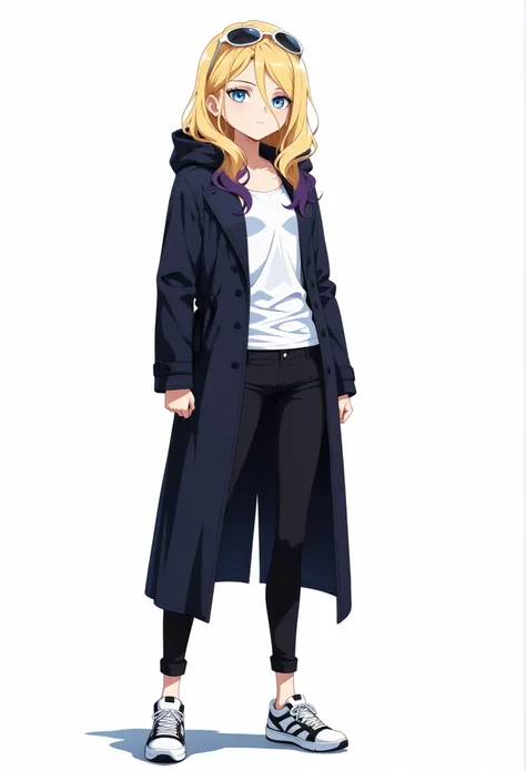 Miraculous Art Style, Chloe Bourgeois, 1 girl, alone, yellow hair with dark purple highlights, loose hair, long hair, wavy layers, long bangs, white sunglasses on head, blue eyes, uninterested look, modern outfit, elegant suit, black pants, unbuttoned whit...