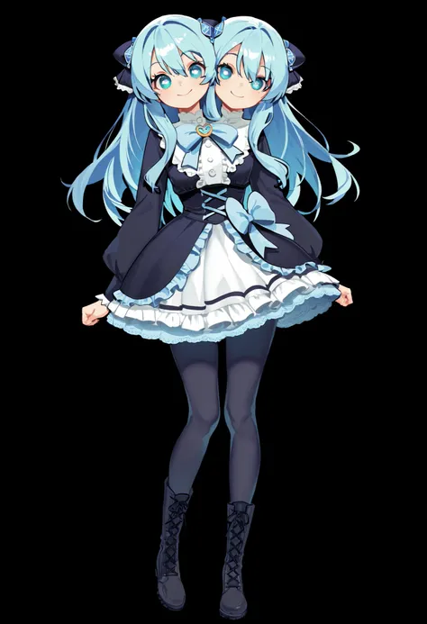((best quality), (high quality), (detailed), (masterpiece), good artist, 1girl, (2heads:1.5), ((long waist-length aqua blue hair:1.5)), ((long hair:1.5)),((frilly sky blue and cyan dress with a large waist ribbon)), (a lace-up bodice with a large chest bow...