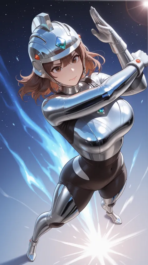 masterpiece, best quality, highres, very aesthetic, absurdres, 1girl, brown hair, brown eyes, ultra-moe, atlethic body, full body view,  (polished chrome:1.2),  (textured latex suit:1.1),  flexible rubber armor,  visible panel lines,  FRP helmet,   glowing...