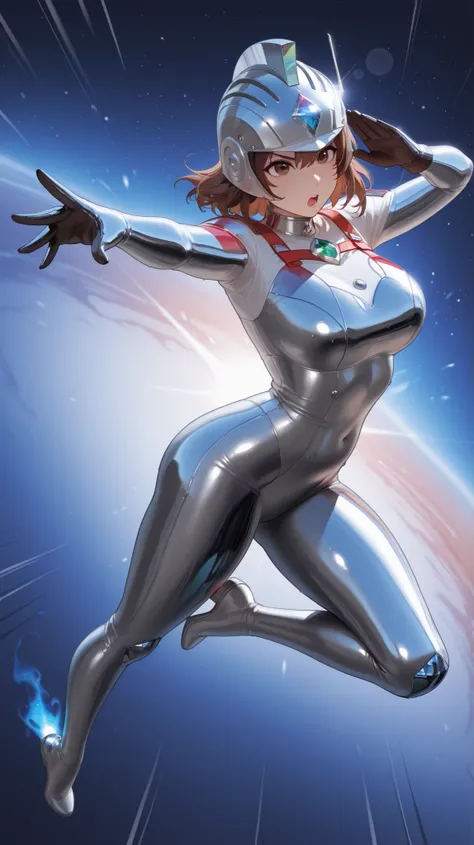 masterpiece, best quality, highres, very aesthetic, absurdres, 1girl, brown hair, brown eyes, ultra-moe, atlethic body, full body view,  (polished chrome:1.2),  (textured latex suit:1.1),  flexible rubber armor,  visible panel lines,  FRP helmet,   glowing...