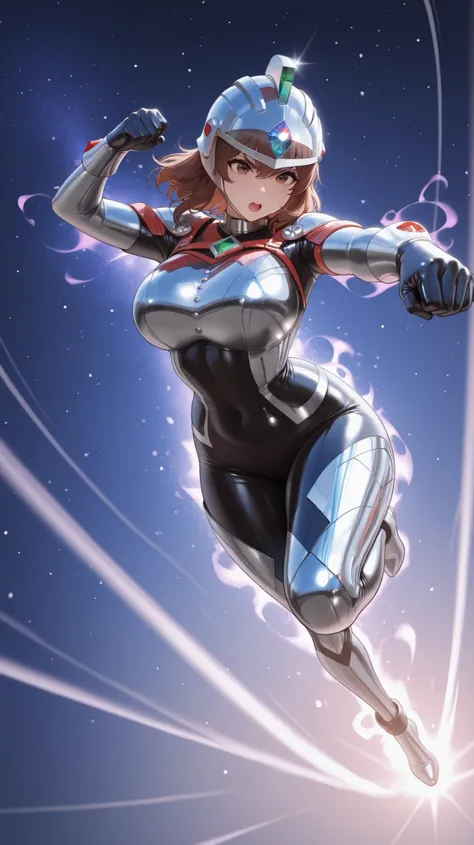 masterpiece, best quality, highres, very aesthetic, absurdres, 1girl, brown hair, brown eyes, ultra-moe, atlethic body, full body view,  (polished chrome:1.2),  (textured latex suit:1.1),  flexible rubber armor,  visible panel lines,  FRP helmet,   glowing...