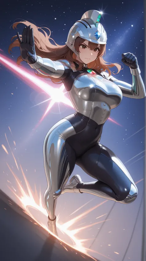 masterpiece, best quality, highres, very aesthetic, absurdres, 1girl, brown hair, brown eyes, ultra-moe, atlethic body, full body view,  (polished chrome:1.2),  (textured latex suit:1.1),  flexible rubber armor,  visible panel lines,  FRP helmet,   glowing...