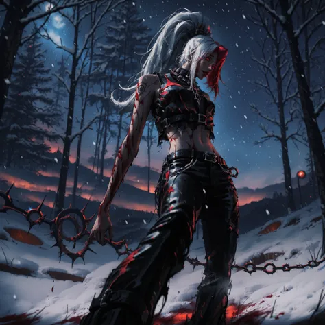 artist: wlop, masterpiece, best quality, illustration,( a vampire with pale skin), silvery white hair, long hair, red eyes, ponytail, left side bangs of hair red color, detailed face, tight dark red and black leather pants with ripped holes , wearing cream...