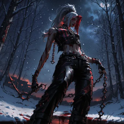 artist: wlop, masterpiece, best quality, illustration,( a vampire with pale skin), silvery white hair, long hair, red eyes, ponytail, left side bangs of hair red color, detailed face, tight dark red and black leather pants with ripped holes , wearing cream...