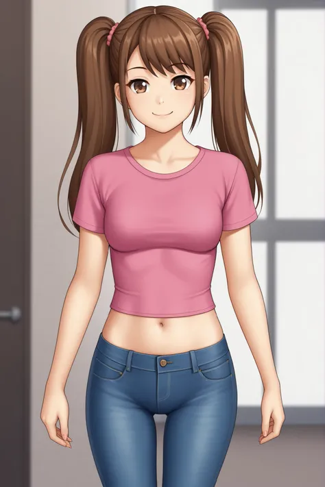 Solo, girl, brown hair, twintails, jeans, tight pink t-shirt, midriff, navel, smiling, closed mouth