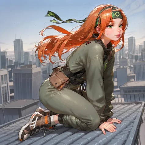 score_9, score_8_up, score_7_up, score_6_up, score_5_up, score_4_up, 1 girl, Alone, long hair, orange hair, green eyes, lips, headband,  ,sky background, city, rooftop, blurred background, Opossumachine full body 