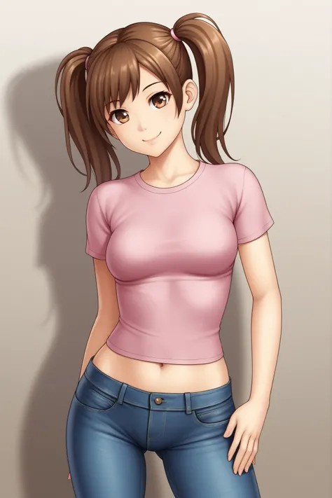 Solo, girl, brown hair, twintails, jeans, tight pink t-shirt, midriff, navel, smiling, closed mouth, cowboy shot