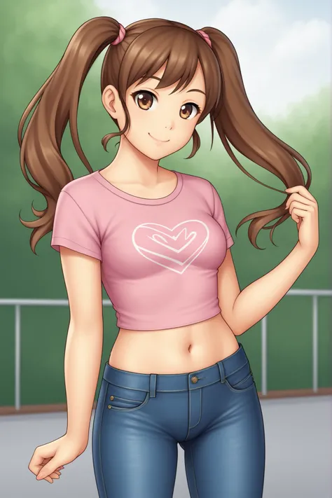 Solo, girl, brown hair, twintails, jeans, tight pink t-shirt, midriff, navel, smiling, closed mouth, cowboy shot