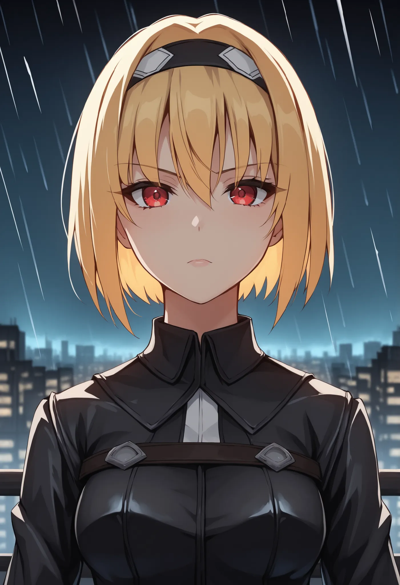 Chuunibyou Prompt (Dramatic, Dark, and Highly Detailed): *"A lone figure, Satoko Illustrious, short hair, hair between eyes - she sits on the edge of a skyscraper railing, her legs crossed and her body poised as if ready to leap into the abyss. Her short b...